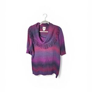 Ruby Rd Purple Red Colorblock Short Sleeve Fringe Cowl Neck Sweater 1X